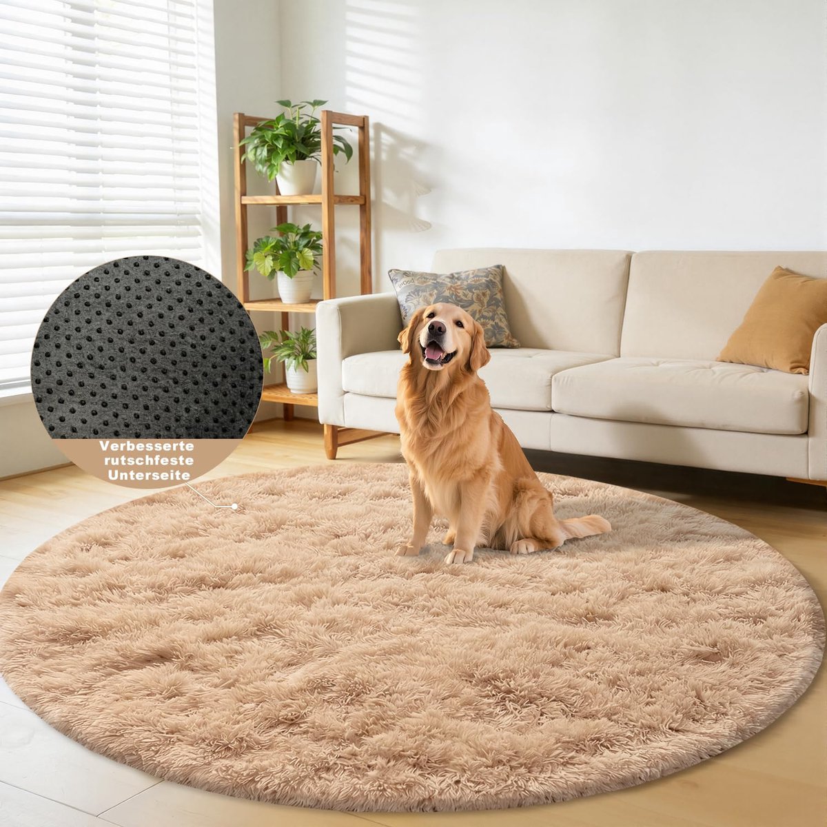 SnelShoppen - JOYARR Rond Vloerkleed voor Kinderkamer en Woonkamer, Pluizig Wasbaar Antislip Tapijt, Beige, 140 cm, Modern en Comfortabel