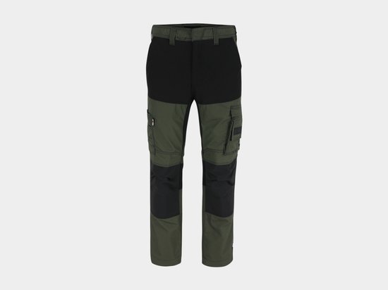 Khaki en zwarte werkbroek met cargo zakken, op de voorkant.