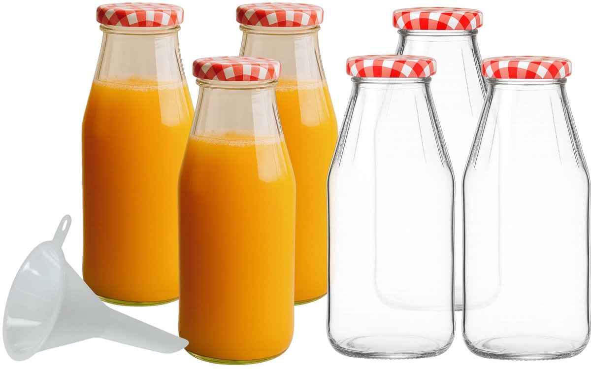 SnelShoppen - 6 x Glazen Fles 500 ml met Schroefdop en Trechter - Perfect voor Keuken, Camping, Feest, Tuin - Stevige Transparante Flessen voor Dranke