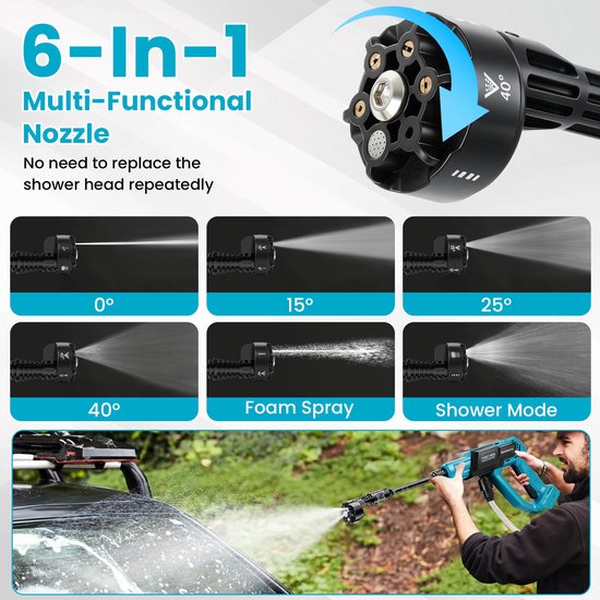 SnelShoppen - Accu Hogedrukreiniger 18V zonder Batterijen, 60 Bar, Draagbare Mini Drukreiniger met 6-in-1 Pistool en 180 Graden Draaibaar Schuimsproei van Snelshoppen — afbeelding 4