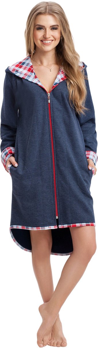 SnelShoppen - Modieuze damesbadjas/ochtendjas/saunamantel met capuchon - Donkerblauw - L - Perfect voor thuis, wellness, sauna en relaxdagen
