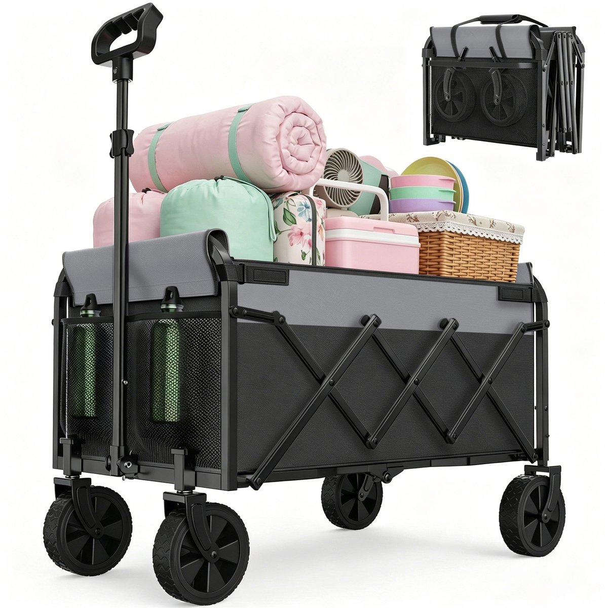 MIVRAY Tuinkar – Opvouwbaar En Compact – 74 x 46 x 96,5 cm – Staal En 600D Oxford – Zwart – Voor Boodschappen En Camping
