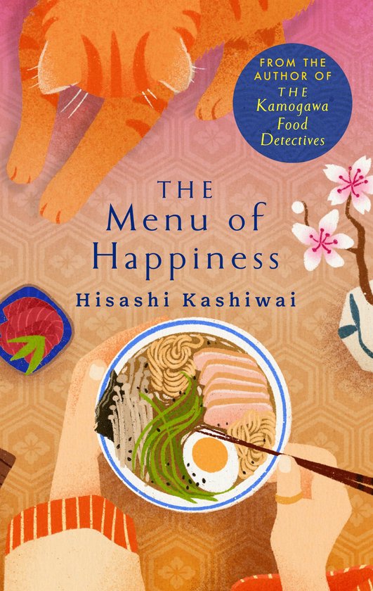 Boekomslag 'The Menu of Happiness' met kat en kom ramen.