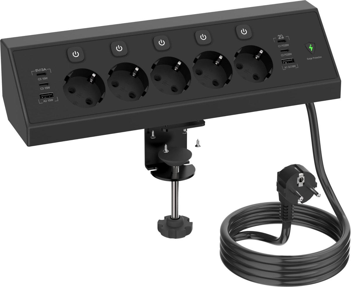SnelShoppen - Tafelstopcontact met USB C 20W, 5-voudig Meervoudig Stopcontact met Overspanningsbeveiliging, Afzonderlijk Schakelbaar, 1.8 M Kabel, Zwa