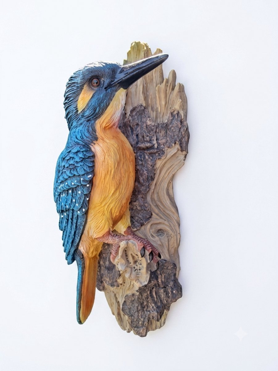 IJsvogel op stam Wanddecoratie beeld – Realistisch Vogelbeeldje voor Binnen & Buiten – Polystone – 30 x 11 x 11 cm – Tuin & Interieur Wanddecoratie / Cadeau Vogel liefhebber