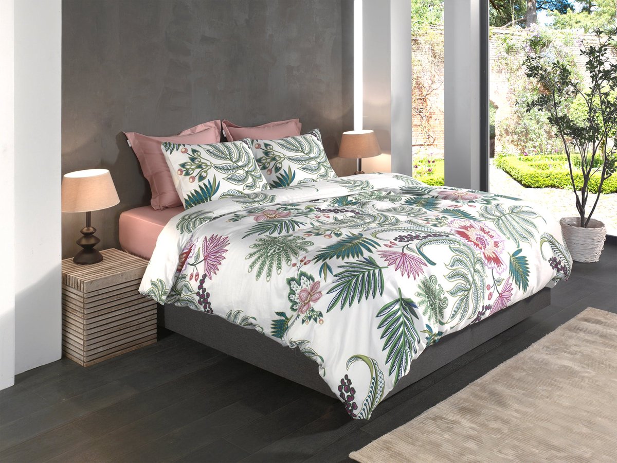 Heckettlane Dekbedovertrek Tiera - Dekbed met instopstrook - Wit - Dekbedovertrek van 100% Katoen-Satijn - Bladeren - 260x200-220 cm + 2 slopen 60/70 cm - Bangkok