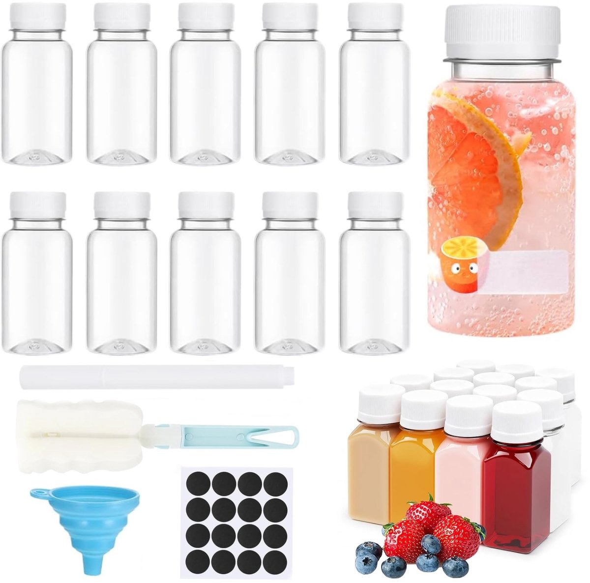 Dailygoods- Sapflessen 14 stuks 60 ml - Kunststof - Lekvrij - Wellness mini sapflessen - Gember shots - Inclusief reinigingsborstel en trechter - Shotflessen