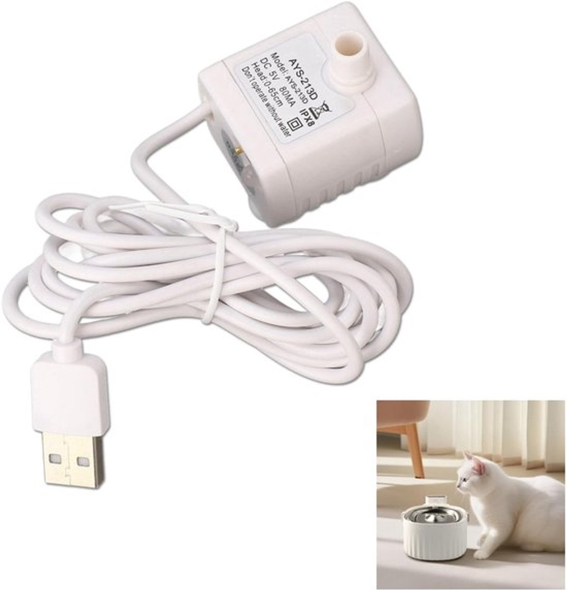 - Waterpomp - USB Waterpomp - Ultra-stil ontwerp - Wit - Kleine fonteinpomp - Geschikt voor huisdieren en vijvers - Model CSB01