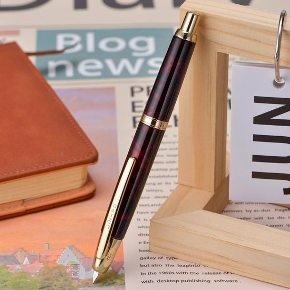 Jinhao 10 Serie Druk vulpen, clipversie, met een fijne penpunt, intrekbaar door middel van een drukknop, inkt converter, set in een metalen pennendoosje, agaat-rood