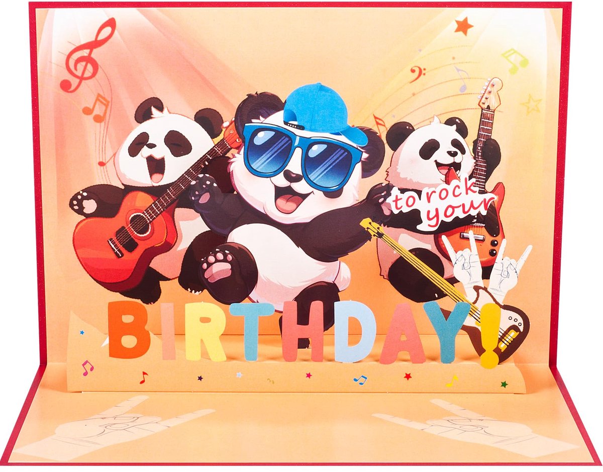Dailygoods - Pop-up Verjaardagskaart met 3D Panda - Perfect voor Rockfans