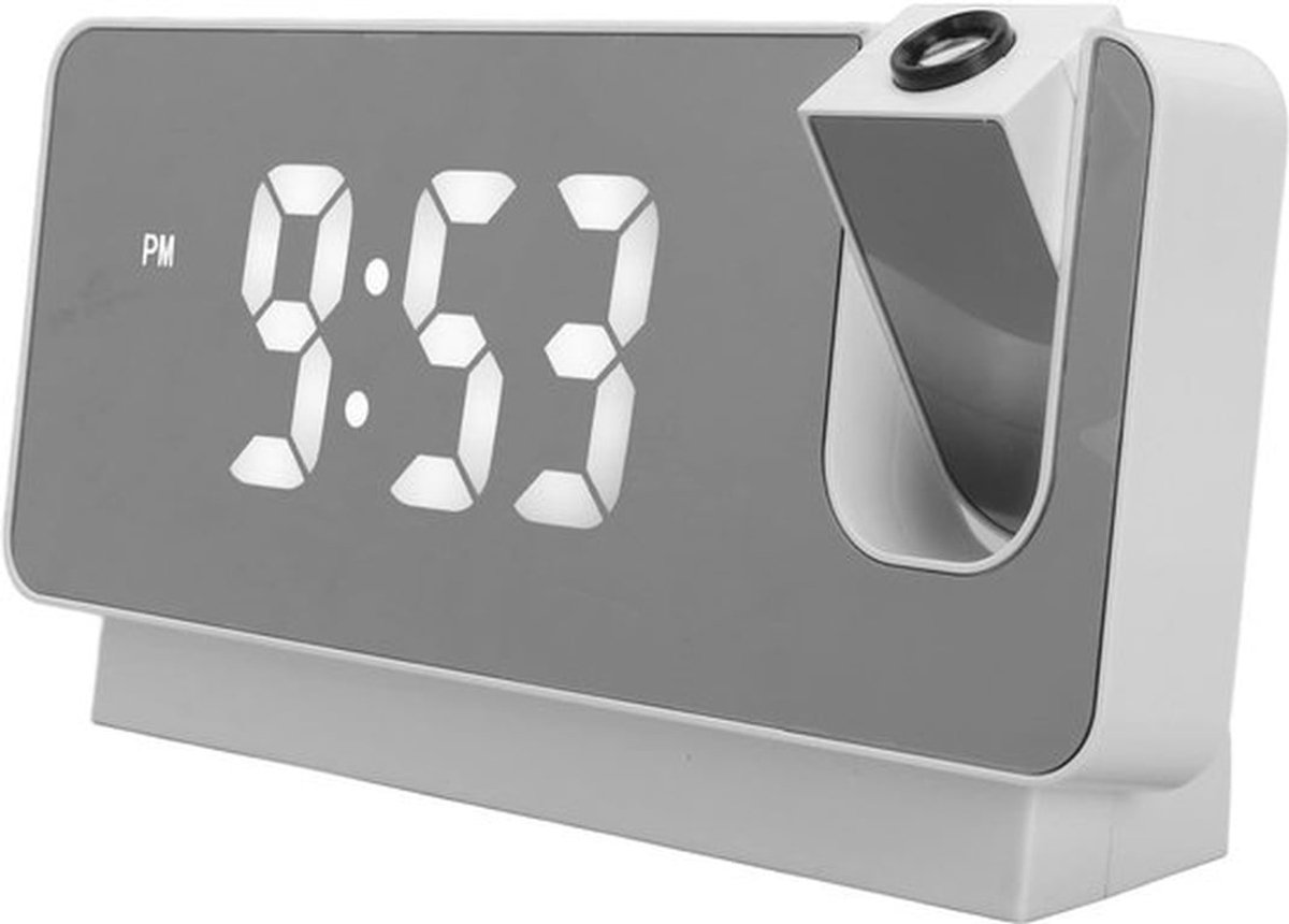 - LED-projectiewekker - Digitale Klok - 180° Draaibare Projector - Wit - Temperatuurweergave - Geschikt voor Slaapkamer - USB-oplaadpoort