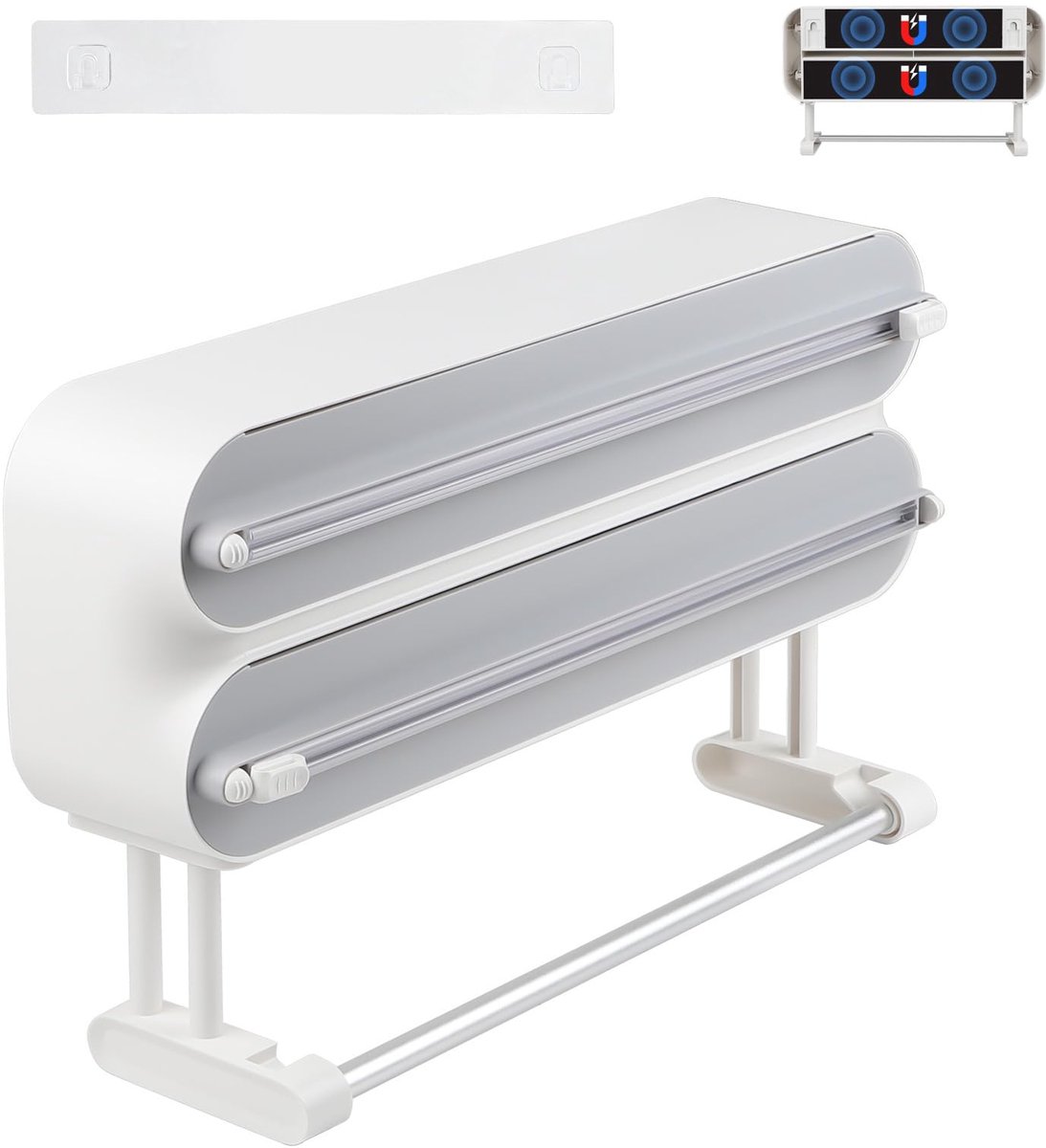 SnelShoppen - DBREAKS Wandrolhouder Keuken met 3 Rollen, Magnetische Keukenrolhouder, Vershoudfolie Snijder en Dispenser, Aluminiumfolie Dispenser, Fo