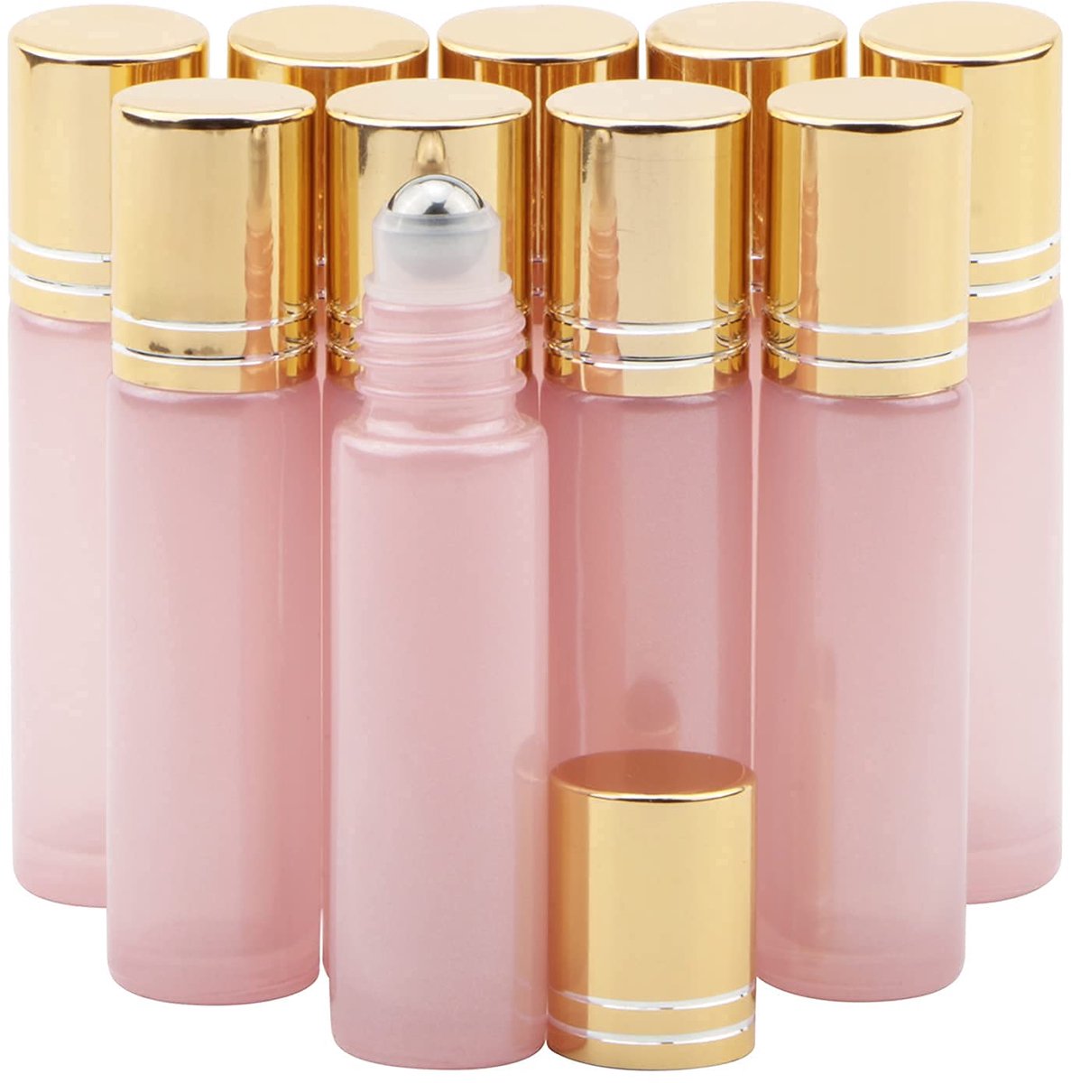 Dailygoods- Rollerfles 10ml - Set van 10 - Roze met Gouden Pet - Glas met Roestvrijstalen Bal - Hervulbaar - Ideaal voor Essentiële Oliën - Roller Bottle