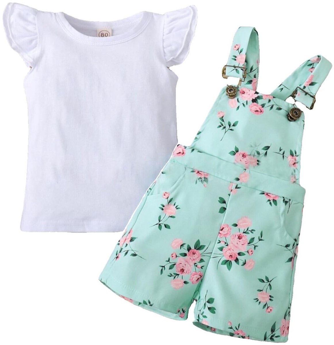 SnelShoppen - Kleding voor kleine meisjes - Ronde hals T-shirt met mouwen - Eenkleurige shorts met hartvormige bandjes - Lichtgroene bloemen - 18-24 m