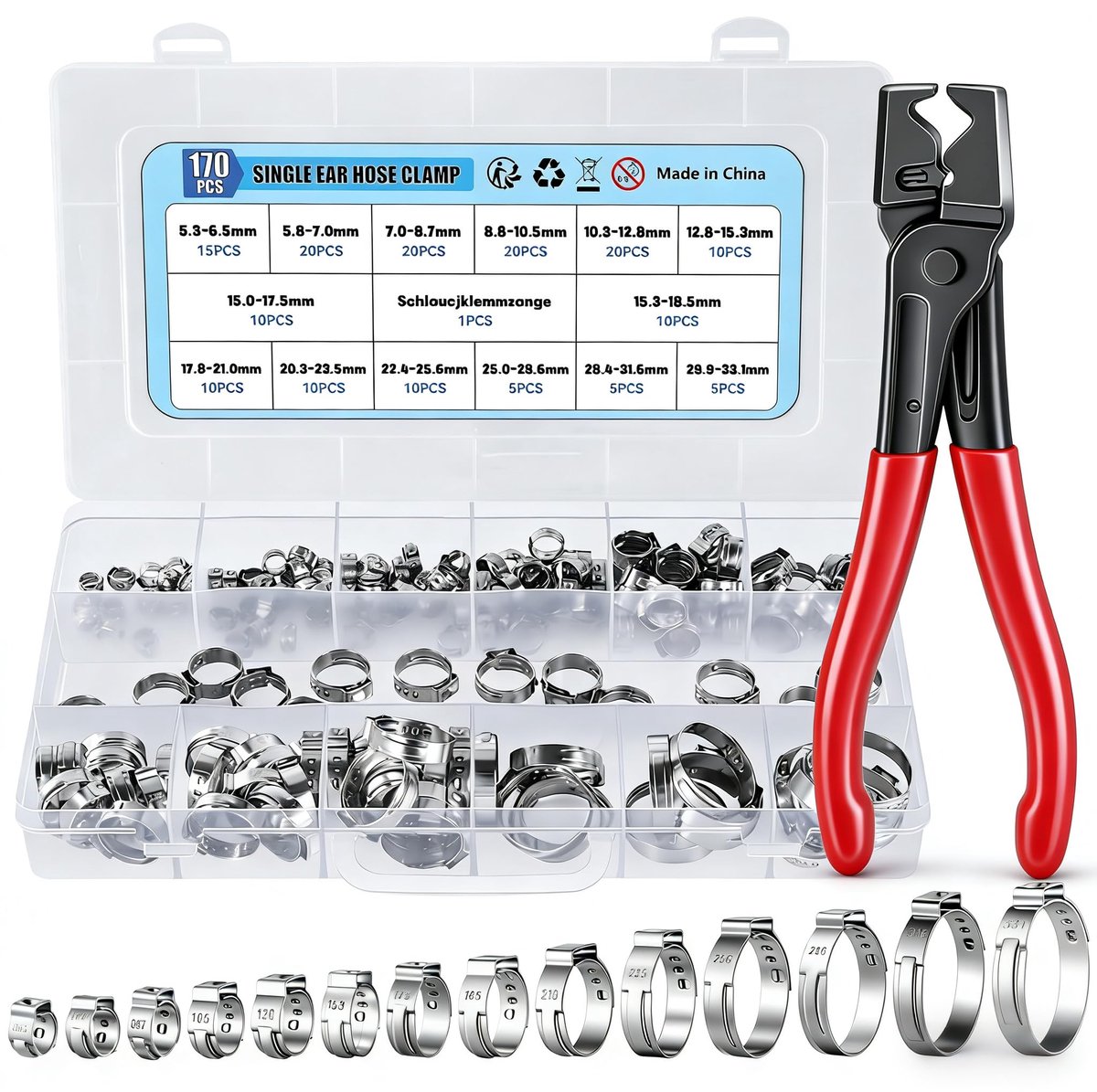 Dailygoods - Eénoors Slangklemmen Set - 170 Stuks Roestvrij Staal
