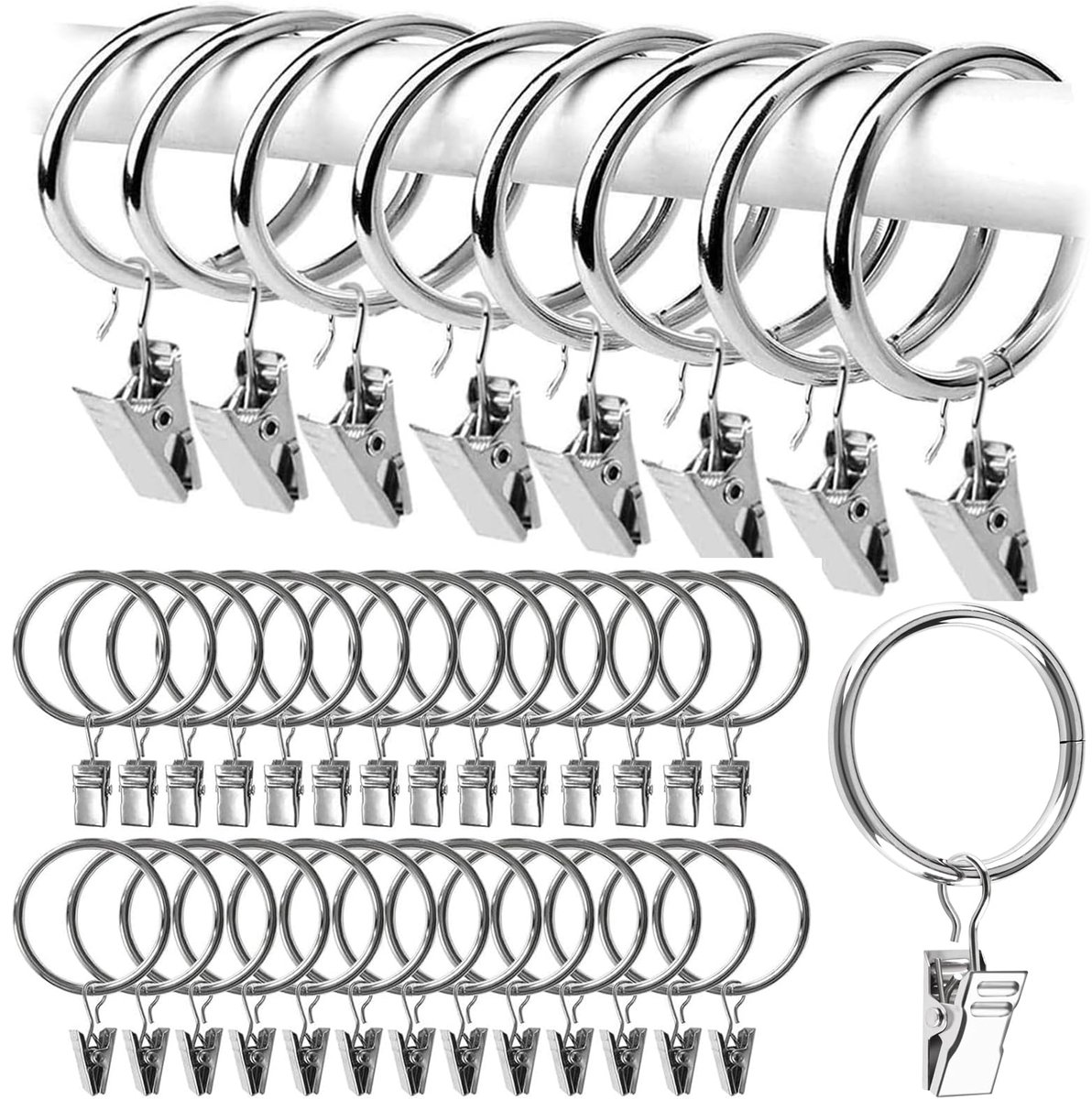 Dailygoods - Set van 50 Metalen Gordijnringen met Clips - Binnendiameter 32 mm (Zilver)