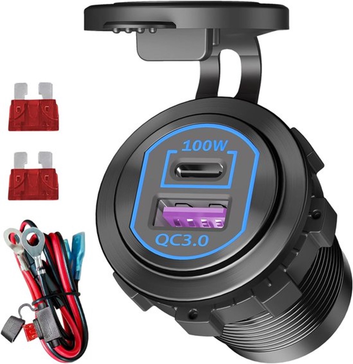 SnelShoppen - 12V USB-C Socket 100W PD & 18W QC3.0 Snellader voor Laptop, USB Socket, Flush Box, Aluminium, Auto Charger voor Motorhome, Boot, Motor,