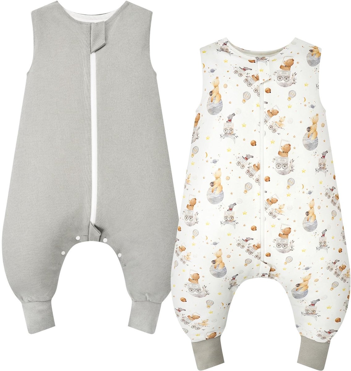Dailygoods - 2-Pack Baby slaapzak met voeten 1.0 Tog - 100% Katoen, schattige ontwerpen - Fantasy Beer + Grijs, 70 cm