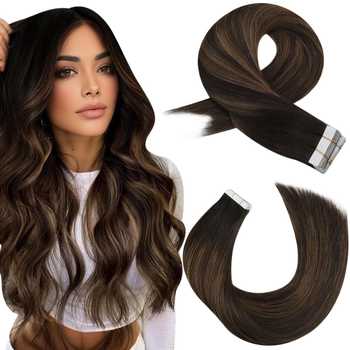Dailygoods - Moresoo Tape Haarextensions Echte Haar 40 cm Donkerbruin met Medium Bruin