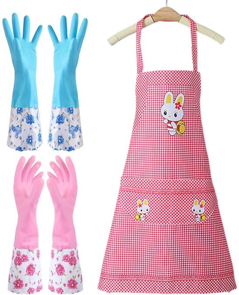- Afwashandschoenen Set - Waterdichte Rubber Handschoenen - Inclusief Schort - Rode Kleur - Keukenaccessoires - Voor Veilig Afwassen - Ge