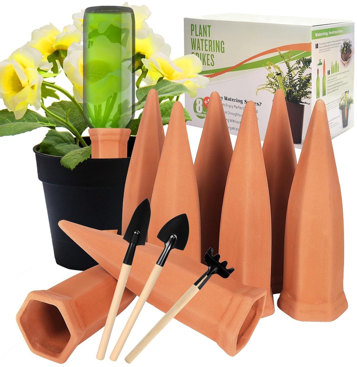 SnelShoppen - Terracotta Zelfbewaterende Spikes - Druppelaars Irrigatiesysteem - Waterdispenser voor Planten - Tuin, Terras, Broeikas, Bloemen - Inclu