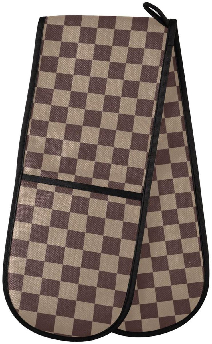 Dailygoods - Hittebestendige Dubbele Ovenhandschoenen - Bruin Dambord, Gewatteerd voor Koken en Bakken