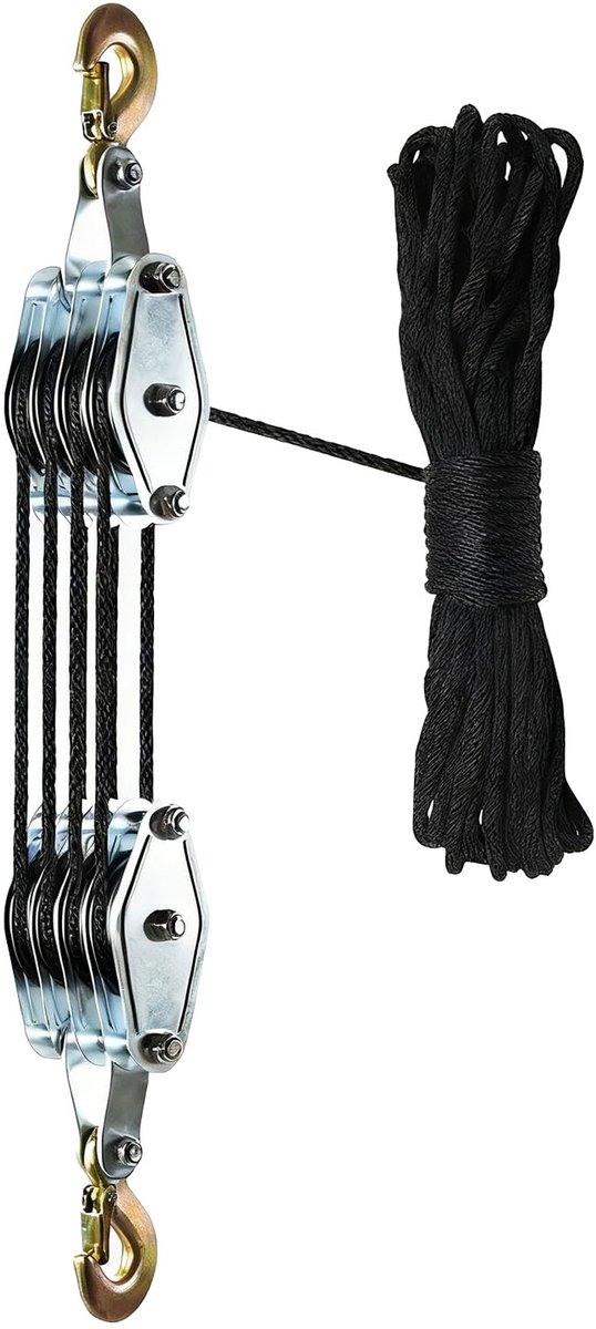 Dailygoods- Katrol 2000 kg draagkracht - Handmatig Trekblok - 8:1 Overbrengingsverhouding - 20 meter Nylon Touw - Hefhoogte tot 2,5 meter - Robuust Gelegeerd Staal