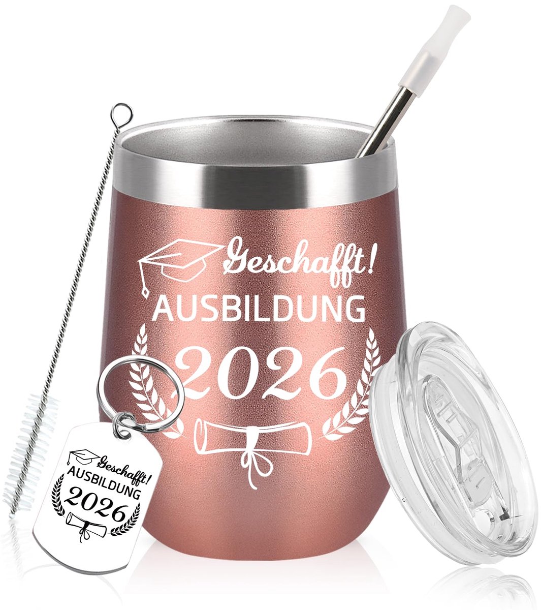 Dailygoods - Dubbelwandige Roestvrijstalen Wijnbeker 350 ml met Deksel en Rietje - Perfect als Cadeau