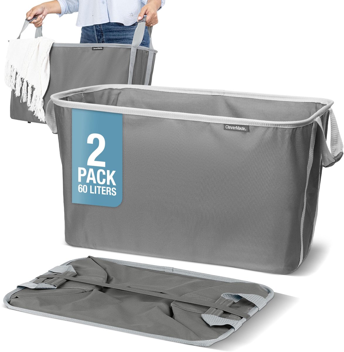 SnelShoppen - Opvouwbare Wasmand 2 Stuks - 60L Schaduwgrijs/Steengrijs - Ruimtebesparend met Stevig Pop-upframe en Draaggrepen voor Thuis, Camping en