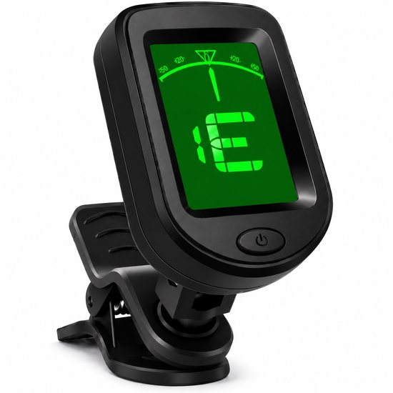 Zwarte chromatische stemapparaat met clipbevestiging en helder groen LCD-scherm.