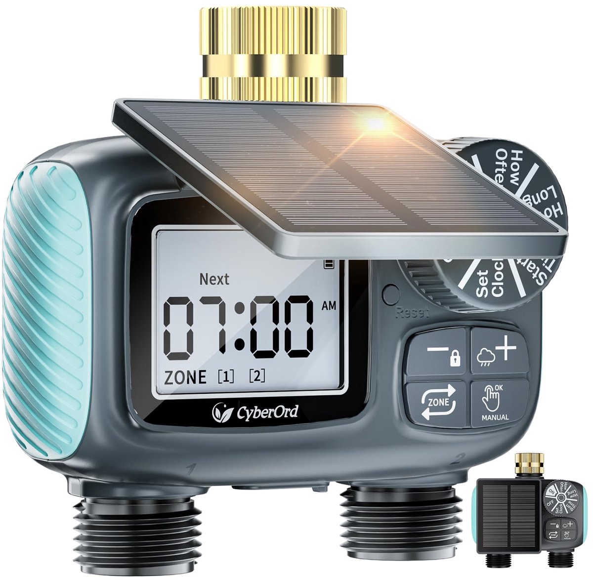 SnelShoppen - CyberOrd Watertimer op Zonne-Energie 2 Zones, Digitale Sproeier Timer voor Tuinslang, Handmatige en Automatische Druppelirrigatie, Regen