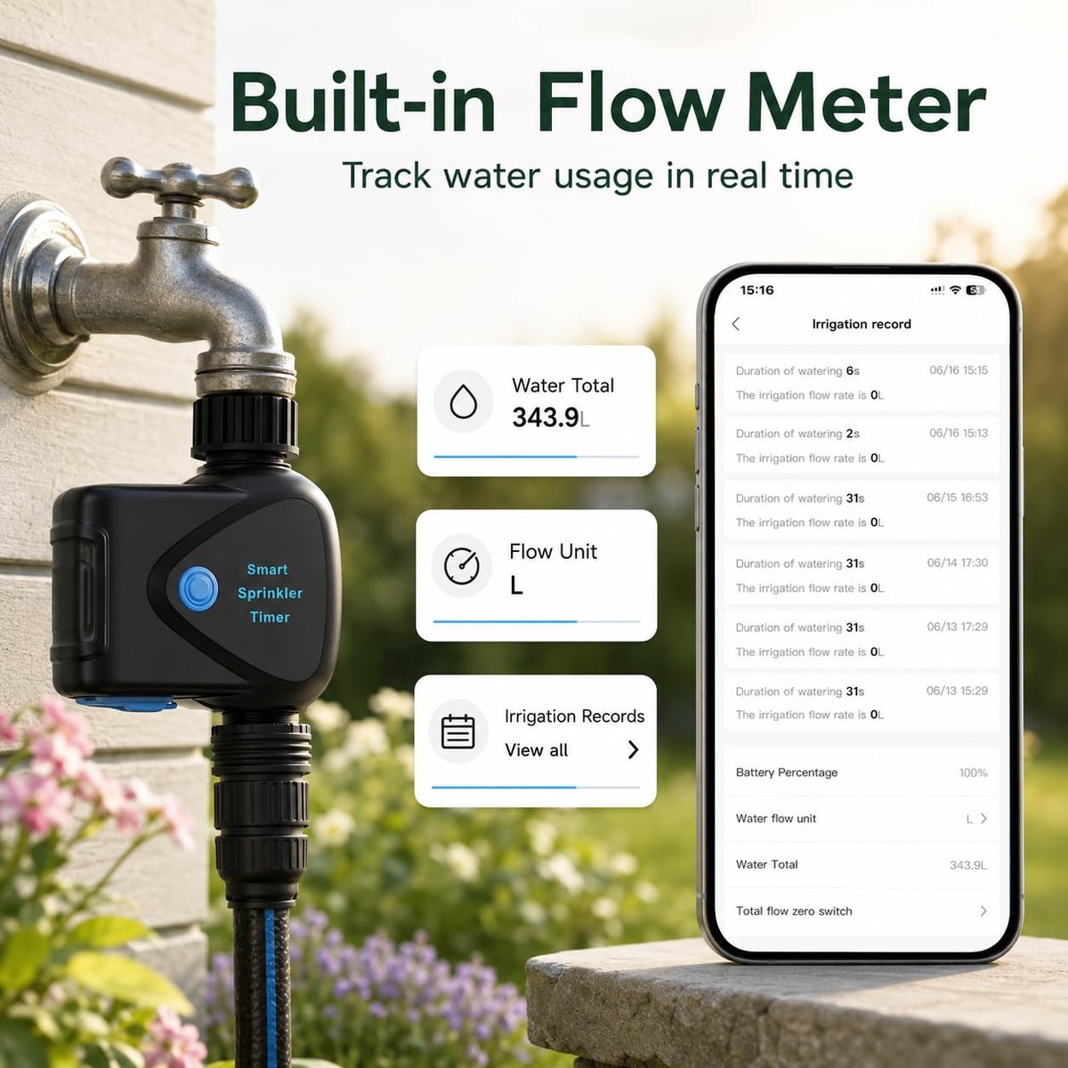 SnelShoppen - WiFi Watertimer Tuinslang, Draadloze Sproeiercontroller met Watermeter, App & Alexa/Google Spraakbediening, IP65 Waterdicht voor Tuin en