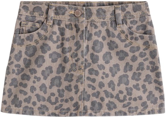 Denim rok voor meisjes met grijze panterprint, met knoopsluiting en zakken.
