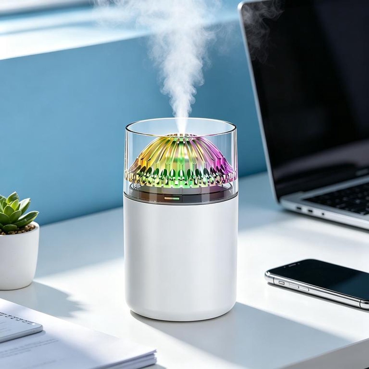 KZQ Luchtbevochtiger - Mini auto-luchtbevochtiger - met gekleurde lampjes - Dubbele sproeistand - USB-voeding - Inhoud: 180 ml - Stille werking - Geschikt voor auto's, bureaus en kantoren, voldoet aan de dagelijkse bevochtigingsbehoeften - Wit