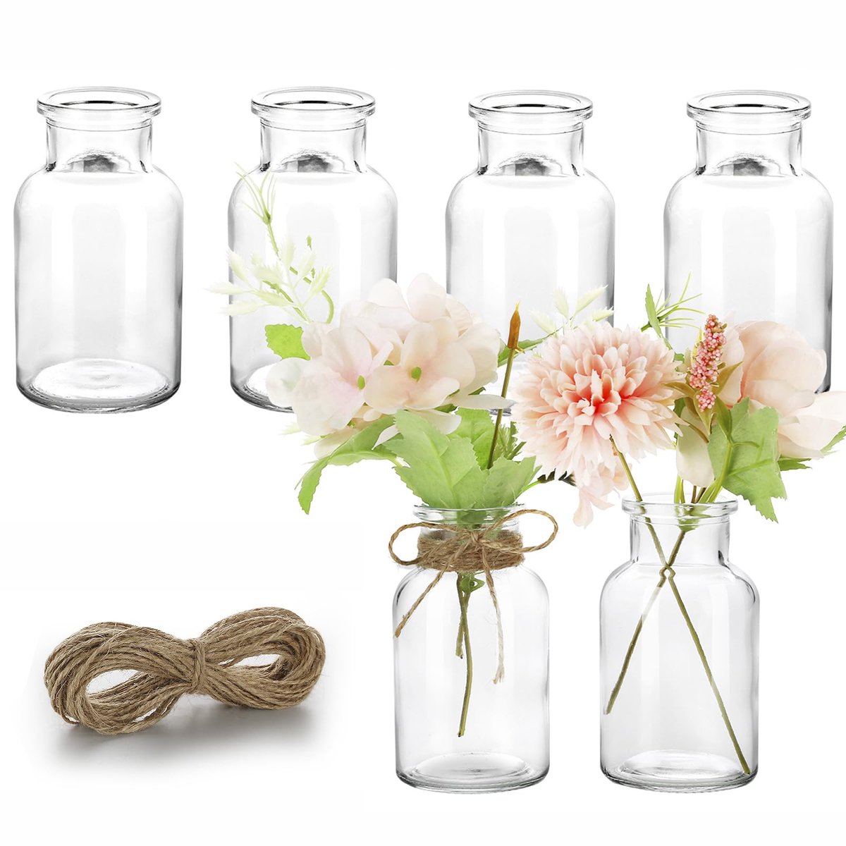 SnelShoppen - Set van 6 Kleine Glazen Vazen voor Tafeldecoratie, Bruiloft Decoratie, Inclusief 8m Jute Koord, Mini Vaasjes, Vaatwasmachinebestendig, 1