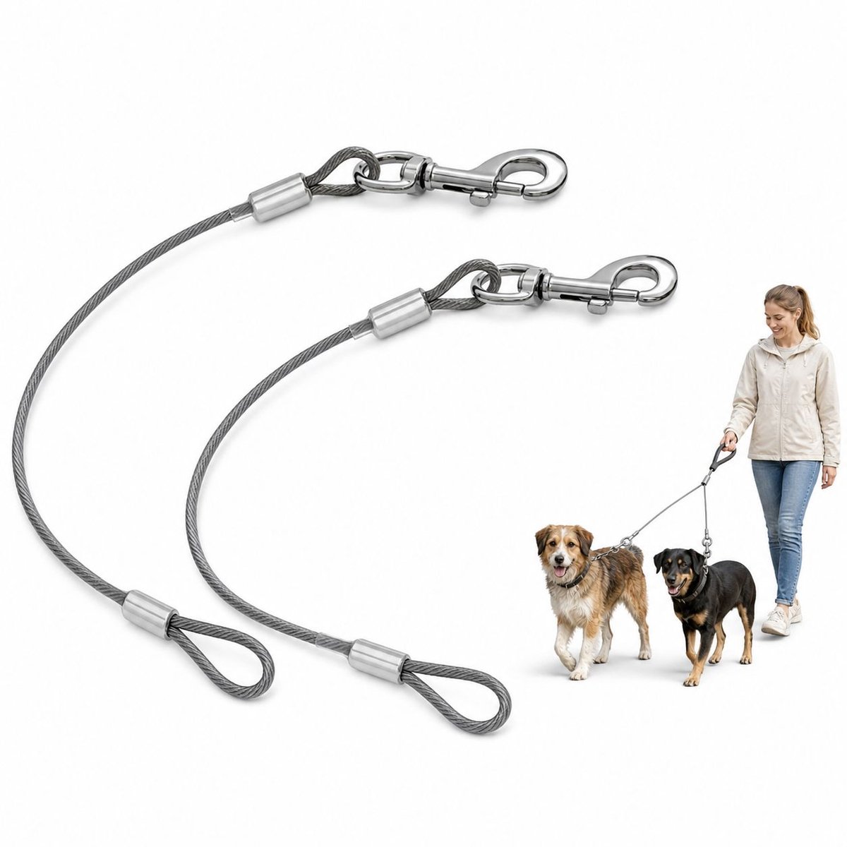 VHV - Hondenriem Metalen Kabel Set van 2 - Bijtbestendige en Klitvrije Lijn - Voor Wandelen en Training