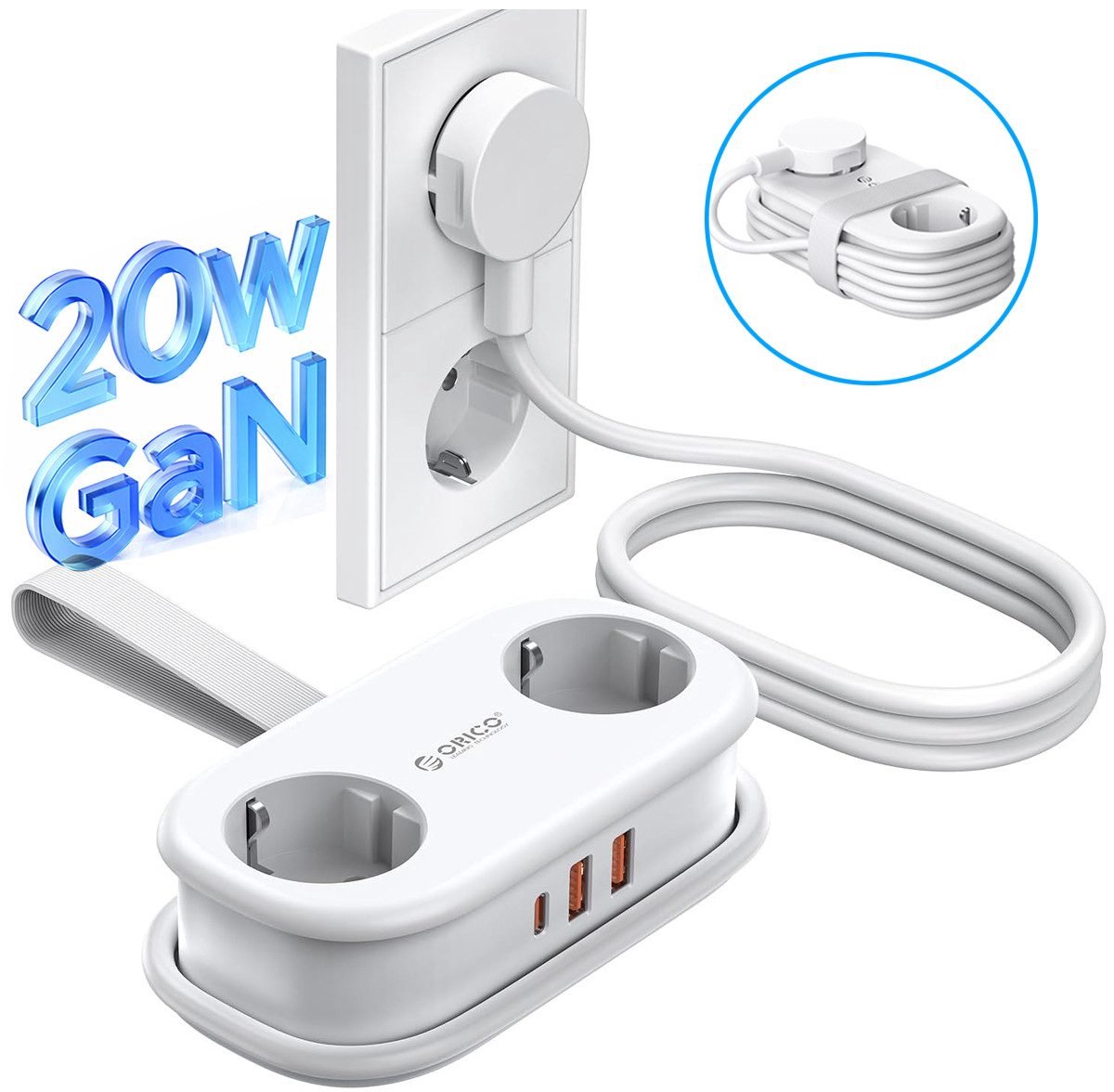 ORICO AP3 20W - Stekkerdoos - Reisstekkerdoos - GaN stekkerdoos – 5-in-1 platte stekker met stekkerdoos (2 stopcontacten + 2 x USB-A/1x USB-C) – Kinderveilig – 1,5 m kabel – Compact – Voor MacBook, iPad, iPhone, laptop