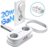 ORICO AP3 20W - Stekkerdoos - Reisstekkerdoos - GaN stekkerdoos – 5-in-1 platte stekker met stekkerdoos (2 stopcontacten + 2 x USB-A/1x USB-C) – Kinderveilig – 1,5 m kabel – Compact – Voor MacBook, iPad, iPhone, laptop