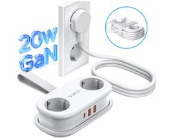 ORICO AP3 20W - Stekkerdoos - Reisstekkerdoos - GaN stekkerdoos – 5-in-1 platte stekker met stekkerdoos (2 stopcontacten + 2 x USB-A/1x USB-C) – Kinderveilig – 1,5 m kabel – Compact – Voor MacBook, iPad, iPhone, laptop
