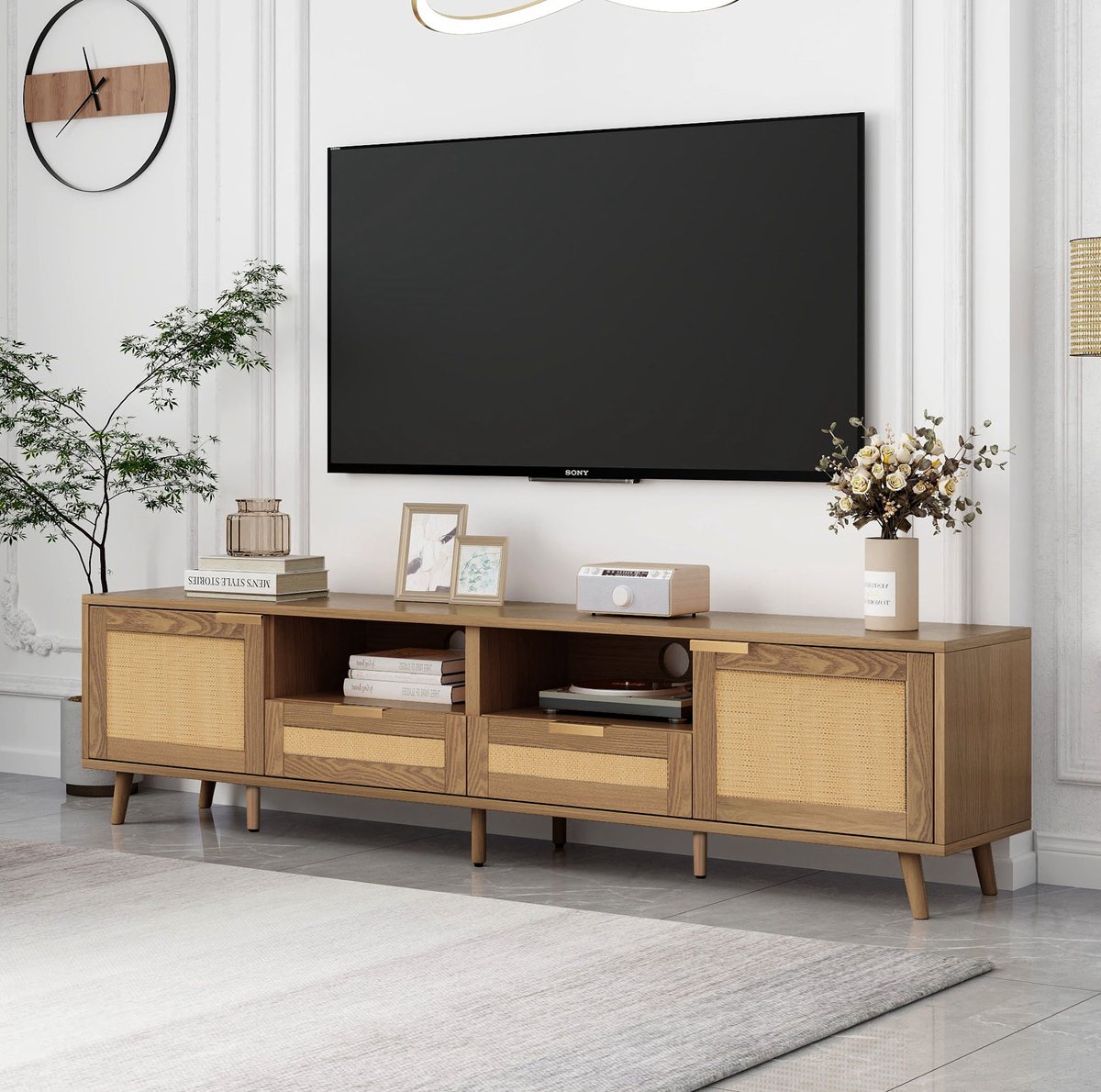 COVREO TV meubel 200 x 37 x 49 cm - eiken, rattan design, 2 lades en 2 deuren