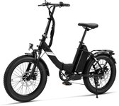 Zwarte opvouwbare fatbike met dikke banden, een achterdrager en een witte streep op het frame.