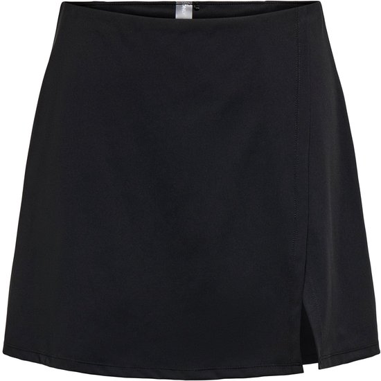 Zwarte skort met hoge taille, een uitlopende pasvorm en een split aan de zijkant.