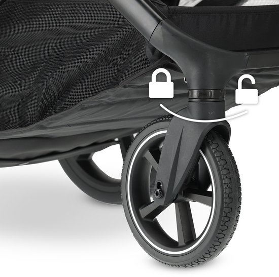 Detail van de voorwielophanging en het frame van een beige kinderwagen.