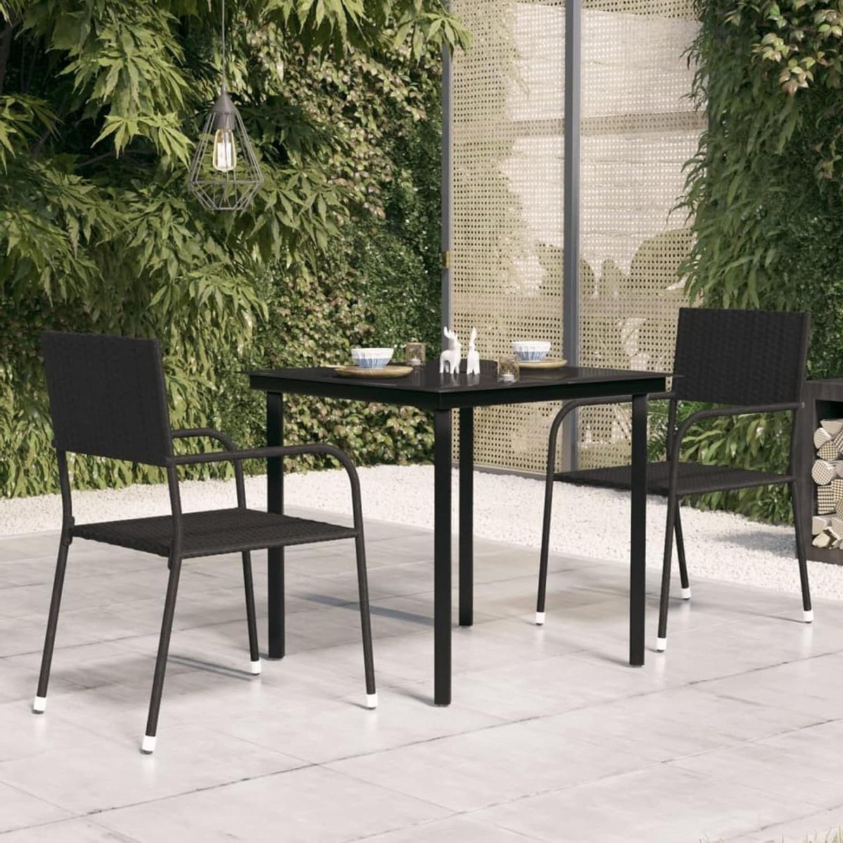 Tuineettafel Glas - Buitentafel Terrastafel - Buiten Eten - Gepoedercoat Stalen Frame - 80 x 80 cm - Zwart