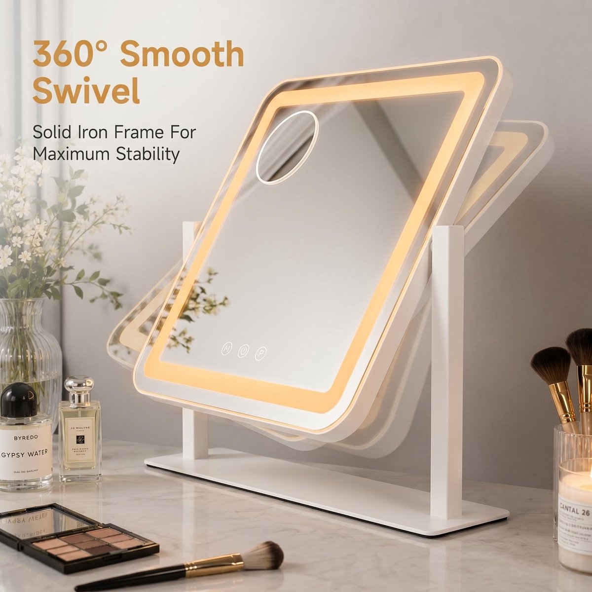 SnelShoppen - Make-up Spiegel met Verlichting 46x36 cm - 3 Lichtstanden, Instelbare Helderheid, Touch Bediening, Afneembare 10x Vergrotingsspiegel - W