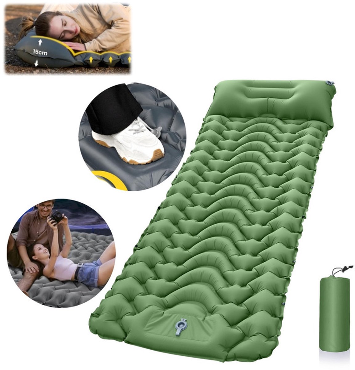 Zelfopblazend luchtmatras voor kamperen - Draagbaar opblaasbaar slaapmatje-Opblaasbaar matje voor buiten-Met de voet te bedienen opblaasmatras-Compact formaat-Geschikt voor kamperen, buitenactiviteiten, wandelen, tenten en andere situaties-198*70 cm