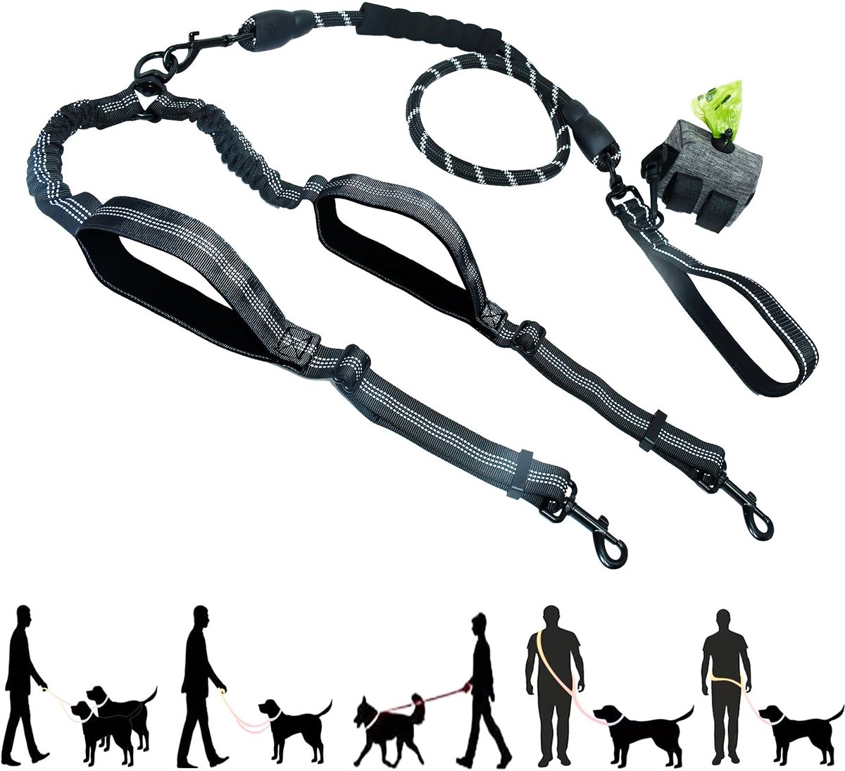 SnelShoppen - Dubbele Hondenriem Handsfree Anti-trek Bungee Zwart voor Grote Honden - Ideaal voor Wandelen, Joggen en Fietsen
