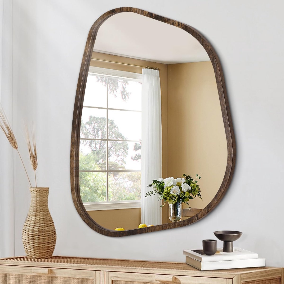SnelShoppen - Asymmetrische Wandspiegel met Houten Lijst, Ovale Onregelmatige Vorm, Decoratieve Spiegel voor Woonkamer, Slaapkamer, Badkamer, Hal, 50