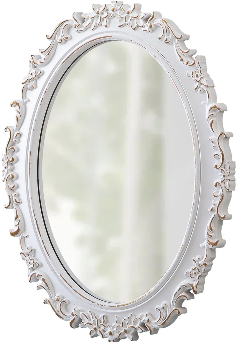 SnelShoppen - Vintage ovale spiegel met houten frame, 54 x 51 cm, barok wanddecoratie, rustieke witte hangspiegel voor woonkamer, hal of badkamer