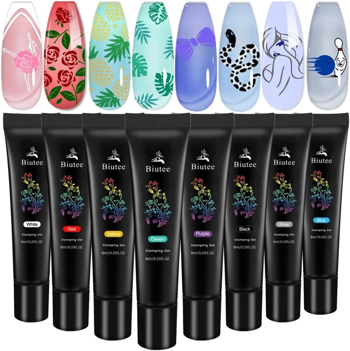 SnelShoppen - Set van 8 UV-LED Gelnagellakken met Liner en Geometrische Semi-Permanente French Manicure Stempels - Perfect voor Feestjes en Dagelijks
